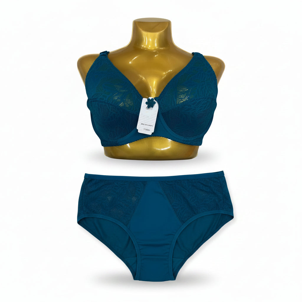 A two-piece women's lingerie set in a deep teal blue color, featuring a lace underwire bra and matching briefs, displayed on a gold mannequin torso against a white background.