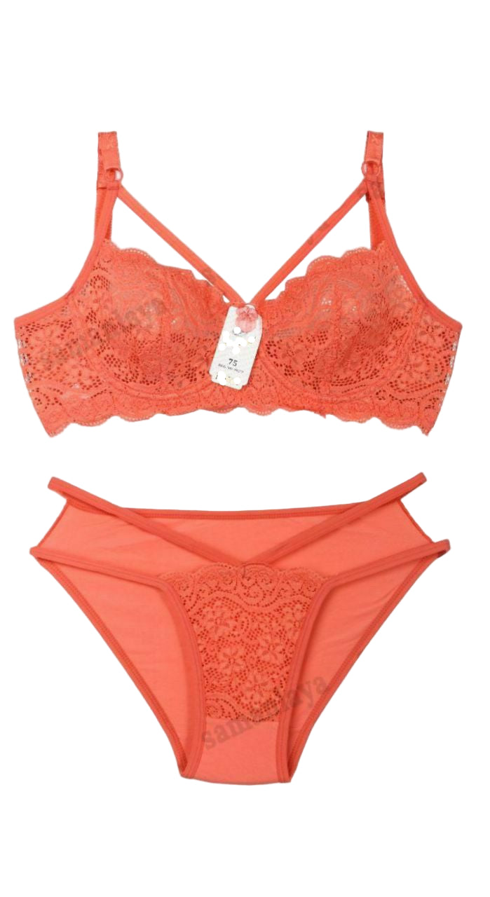 #306 -Premium Underwired Strappy Lace Bra Full-Back Panty Set