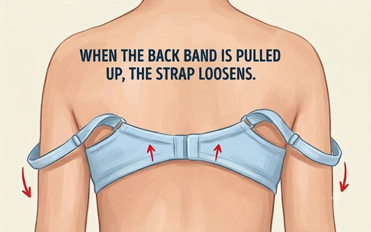 Diagram showing a bra back band riding up with red arrows indicating the band pulling upward and straps loosening off the shoulders