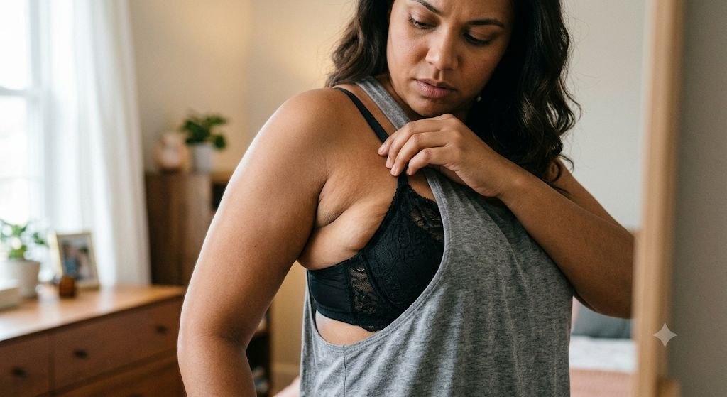 Woman looking down and adjusting her bra strap, showing a common bra fit issue with side spillage