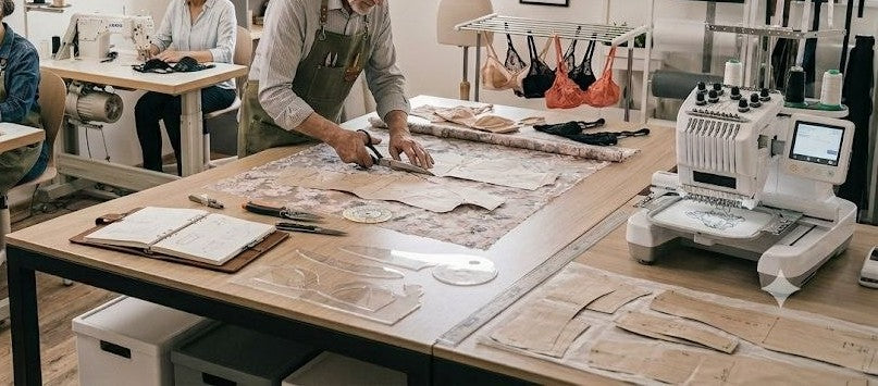 Woman's hands examining delicate lace bra fabric on a workstation with a measuring tape nearby — Lady Shop complete bra guide covering structures, fabrics, and styles