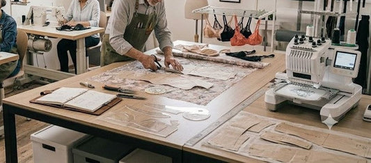 Woman's hands examining delicate lace bra fabric on a workstation with a measuring tape nearby — Lady Shop complete bra guide covering structures, fabrics, and styles