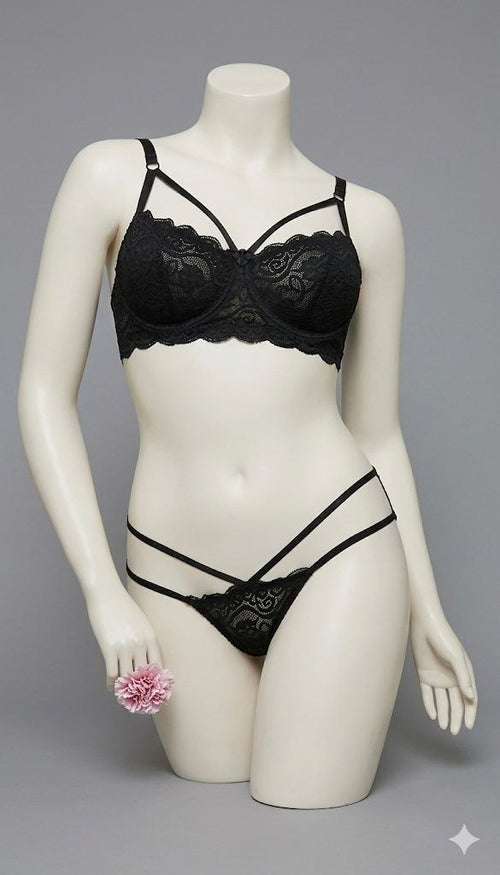#306 -Premium Underwired Strappy Lace Bra Full-Back Panty Set