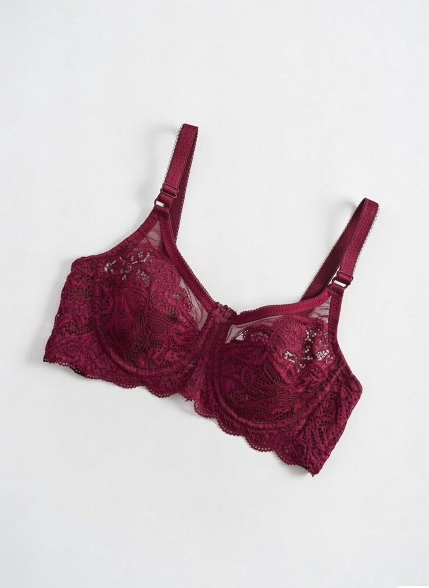 #209 - Underwired Unpadded Lace Bra Sheer-Mesh Trim On Guipure Lace